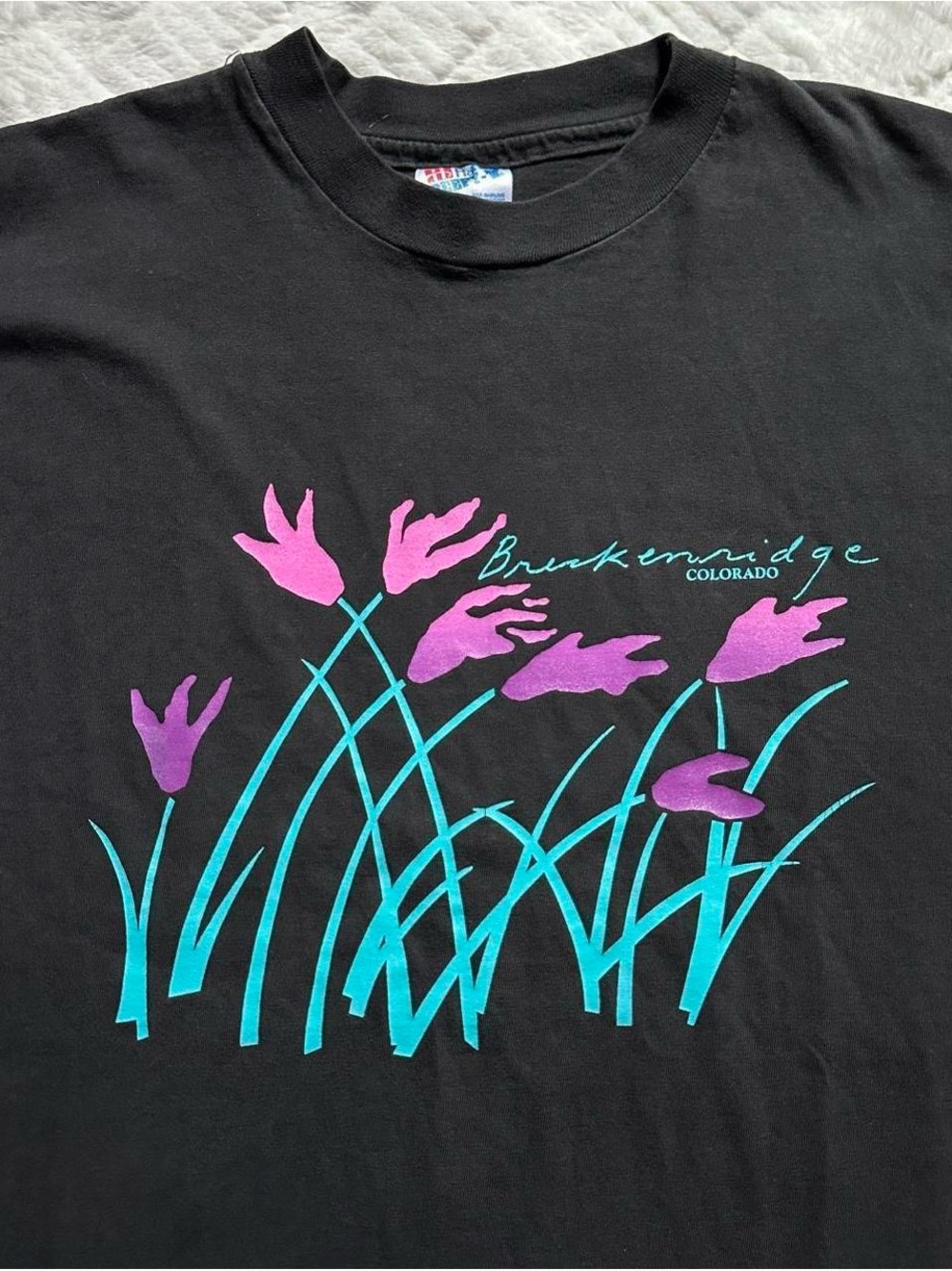 Vintage 90s Breckenridge Colorado Black Tee with Purple Floral Teal Graphic XL